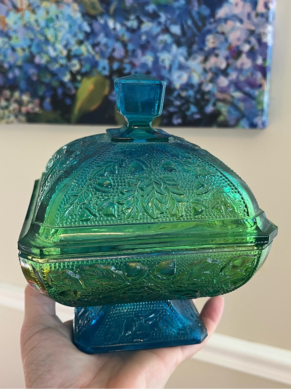 Vintage Jeanette Glass Embossed Glass Covered Pedestal Dish in Blue Green Ombre - Picture 3 of 15